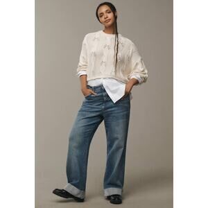 Pilcro Anthropologie Cream Cable Knit Twofer Sweater Mixed Material Plus Size